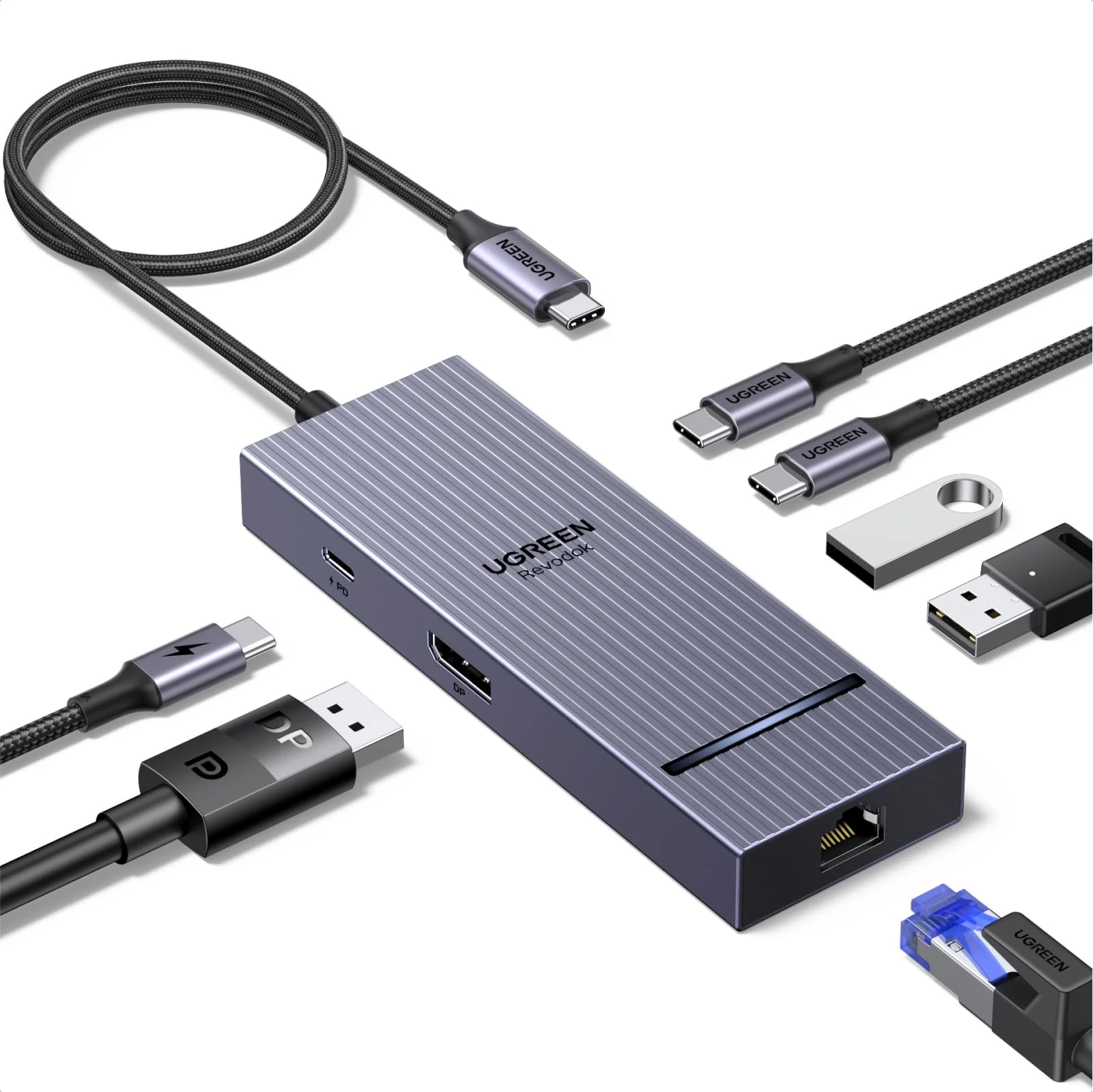 UGREEN USB C Hub, 7-in-1 USB-C to DisplayPort Adapter 4K@60Hz, 2K@144Hz, 1000Mbps Ethernet, 3x 10Gbps USBA & USBC Data Ports, 100W PD, Aluminum Compact Dock for MacBook, Dell, HP, iPad (No HDMI Port)