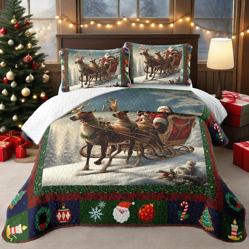 3 pc Merry Christmas Sled Santa Claus Quilt Set King Size Quilt Sets Lightweight Bedspread Coverlet Bedding Set for All Season (Navy Blue, King 104x90 inches)