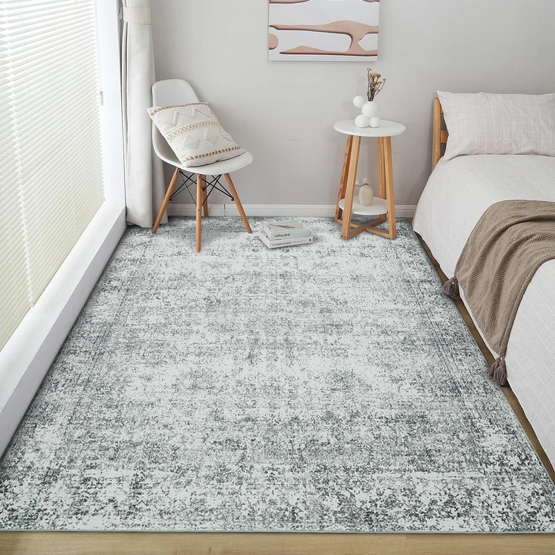 Xfrog Vintage Small Area Rug, 80x150cm Grey Washable Living Room Rug for Entryway Non-Slip Stain Resistant Carpet for Bathroom Laundry Bedroom Kids Room