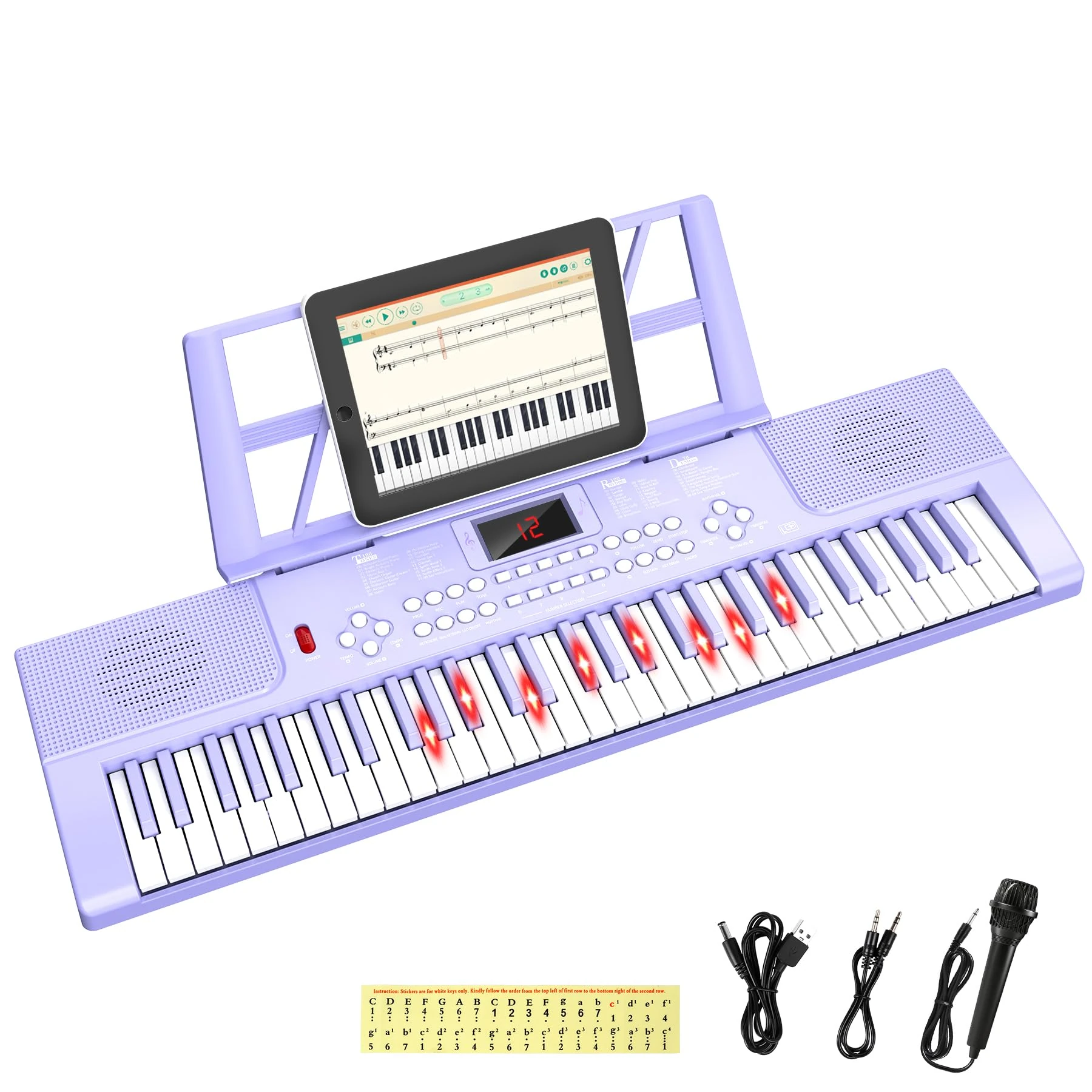 Electronic Keyboard Piano 61 Keys with LED Light, Shayson Portable Digital Pianos Music Keyboard with Microphone, Sheet Music Stand, Piano Note Stickers, Best Gift for Kids Beginners（Purple）