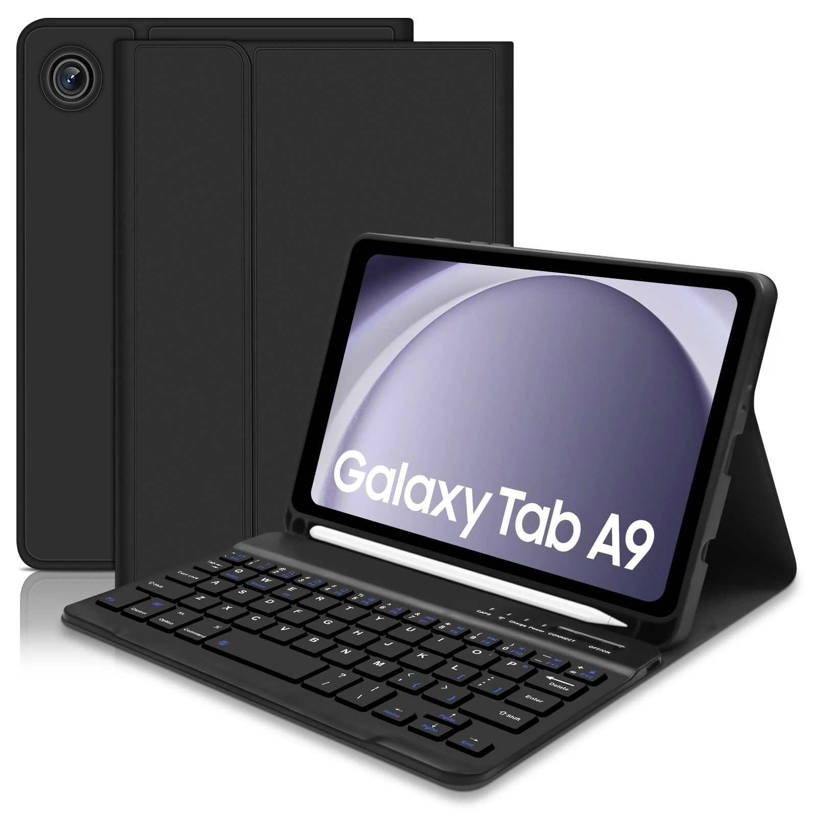 Keyboard Case for Samsung Galaxy Tab A9 8.7 Inch 2023 (SM-X110/X115/X117), Built-in S Pen Holder - Slim Smart Cover with Detachable Bluetooth Keyboard for Samsung Galaxy Tab A9-Black