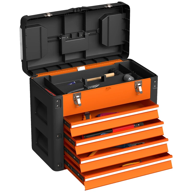 HOMCOM 4 Drawers Large Tool Box, Powder Coated Steel Toolbox with Top Tray, Mini Parts Boxes, Ball Bearing Runners, Handle, Heavy Duty Tool Chest for Workshop, Garage, 497mm x 253mm x 407mm, Orange