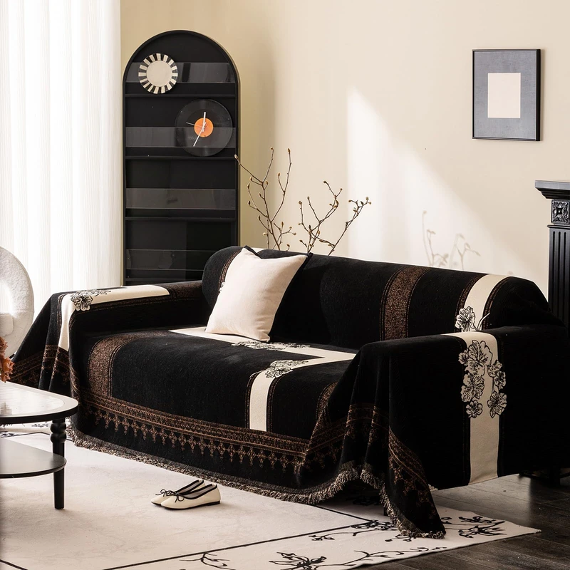 DREAMINGO Vintage Chenille Couch Cover Floral Jacquard Furniture Cover for 3 Seater Sofa Washable Couch Protector for Dogs Cats Non Slip Sectional Sofa Slipcover 71"x134", Black