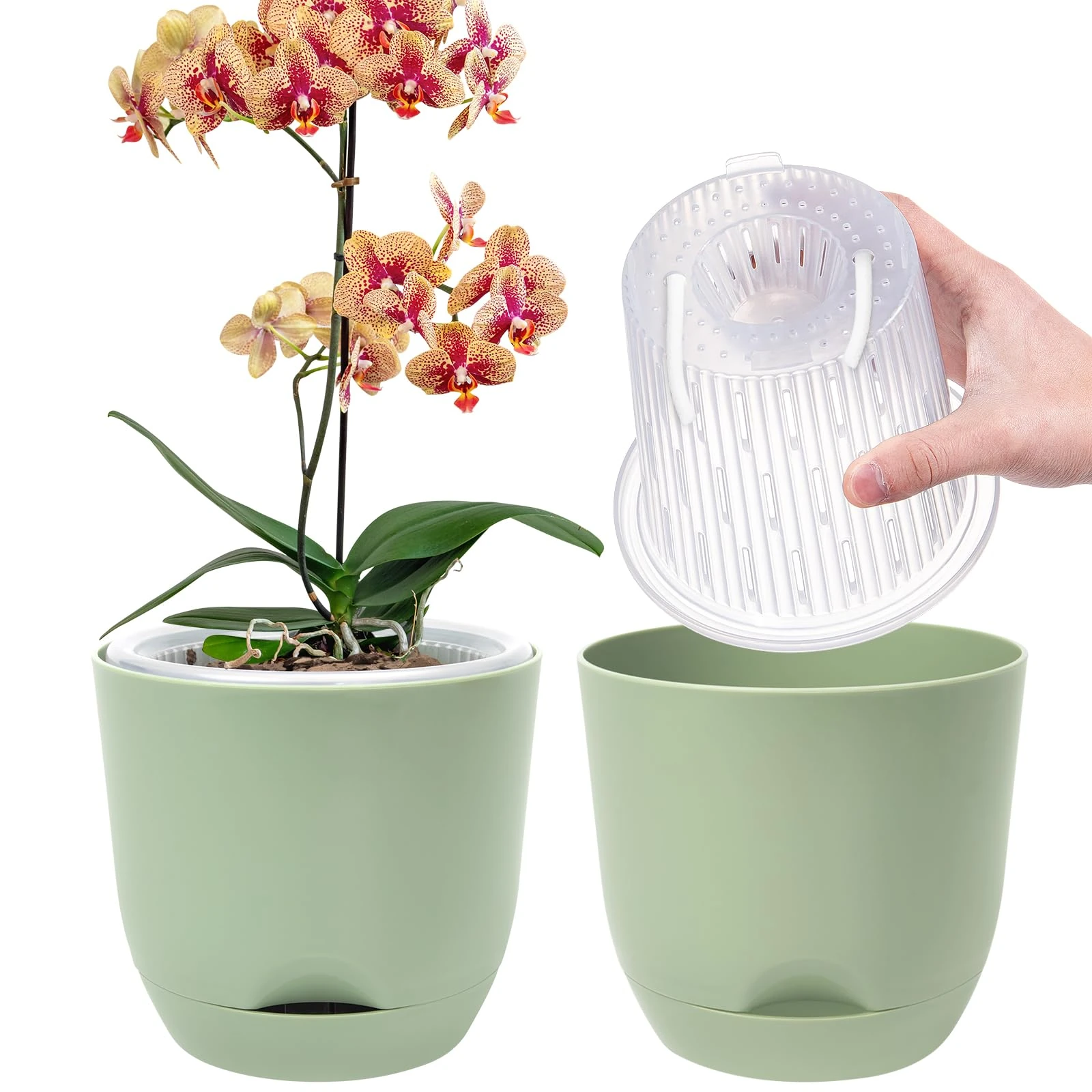 QCQHDU 2Pack Orchid pots,7.2In Large self Watering Orchid Plant pots Indoor, Clear Plastic Pots with Holes and Detachable Water Reservoir(Pure green)