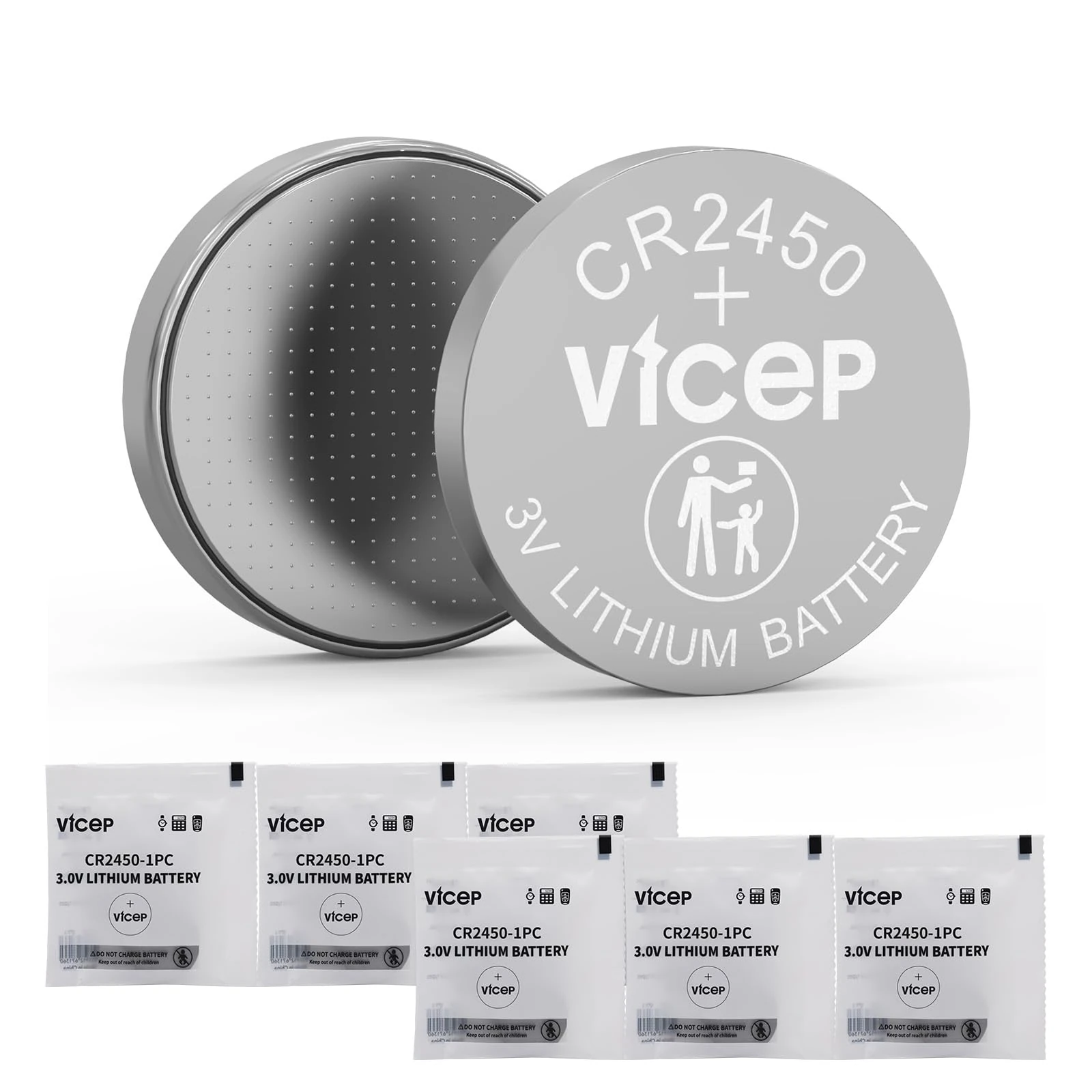 ViCep 6-Pack CR2450 Battery CR 2450 3V Lithium Batteries 3 Volts Coin Button Cell Compatible with Car Key Fob, Watches, Remote Control, Motion Detector & More, Individual Wrapped
