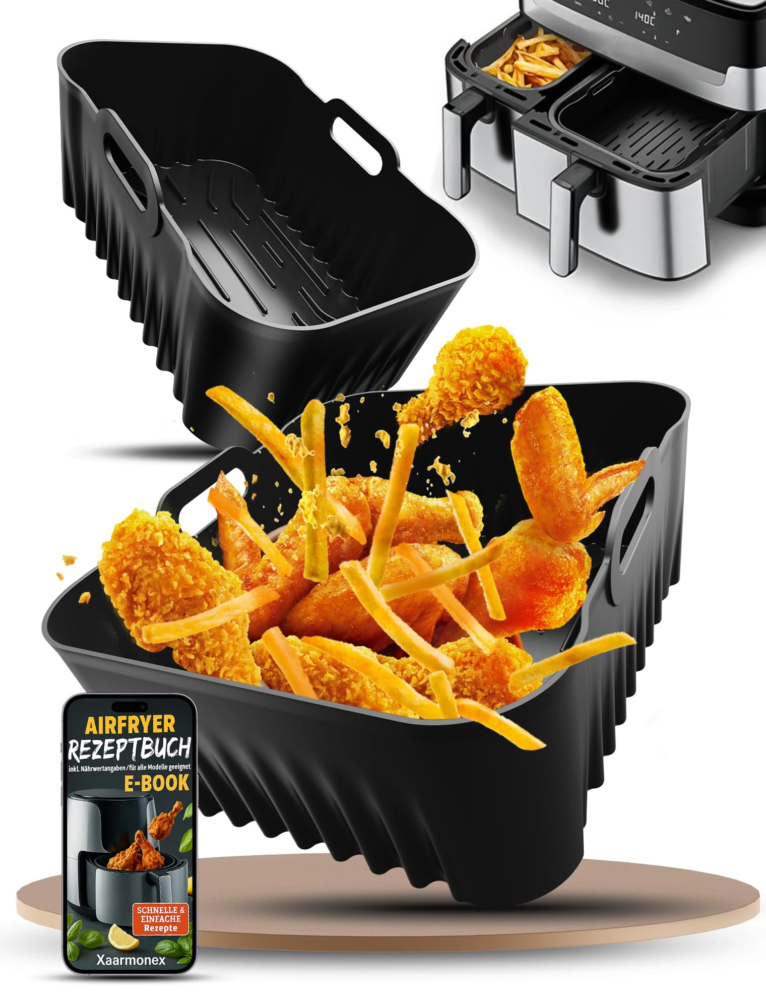 Silicone Air Fryer Liner for Tefal Dual Easy Fry XXL 11L, Air Fryer Accessories for Air Fryer Dual Drawer Baskets EY942BG0,AirFryer Trays for Tefal 6.5L & 4.5L 2 Drawer Basket Air Fryer（2Pcs Black）