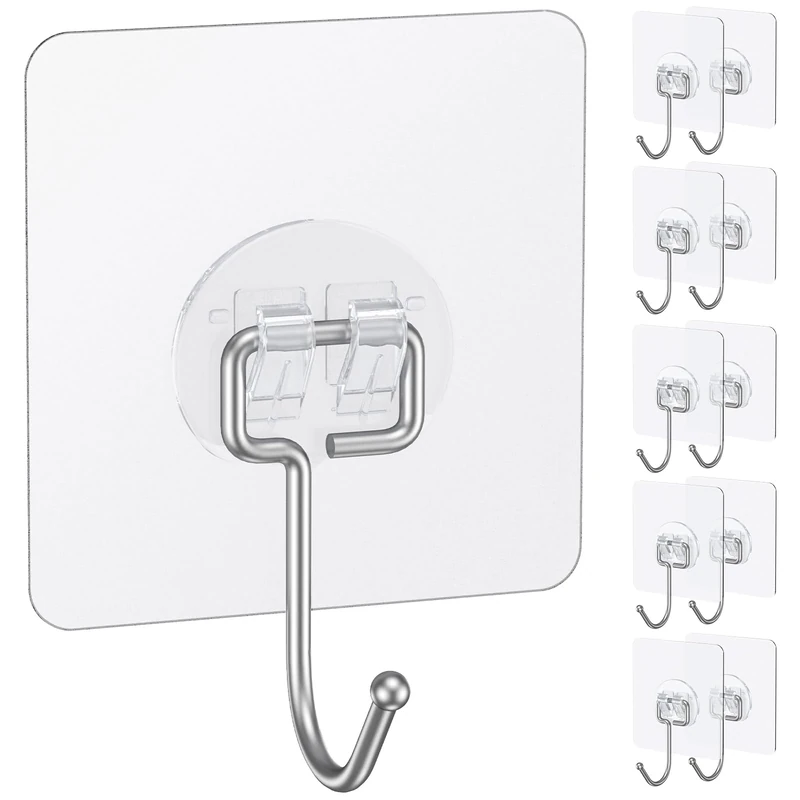 Uniclife 10 Pcs Large Self Adhesive Hooks for Hanging, 15 kg(Max) Heavy Duty Wall Hooks, Clear Waterproof Picture Hanger, Self-Adhesive Sticky Hook for Outdoor Bathroom Kitchen and Office