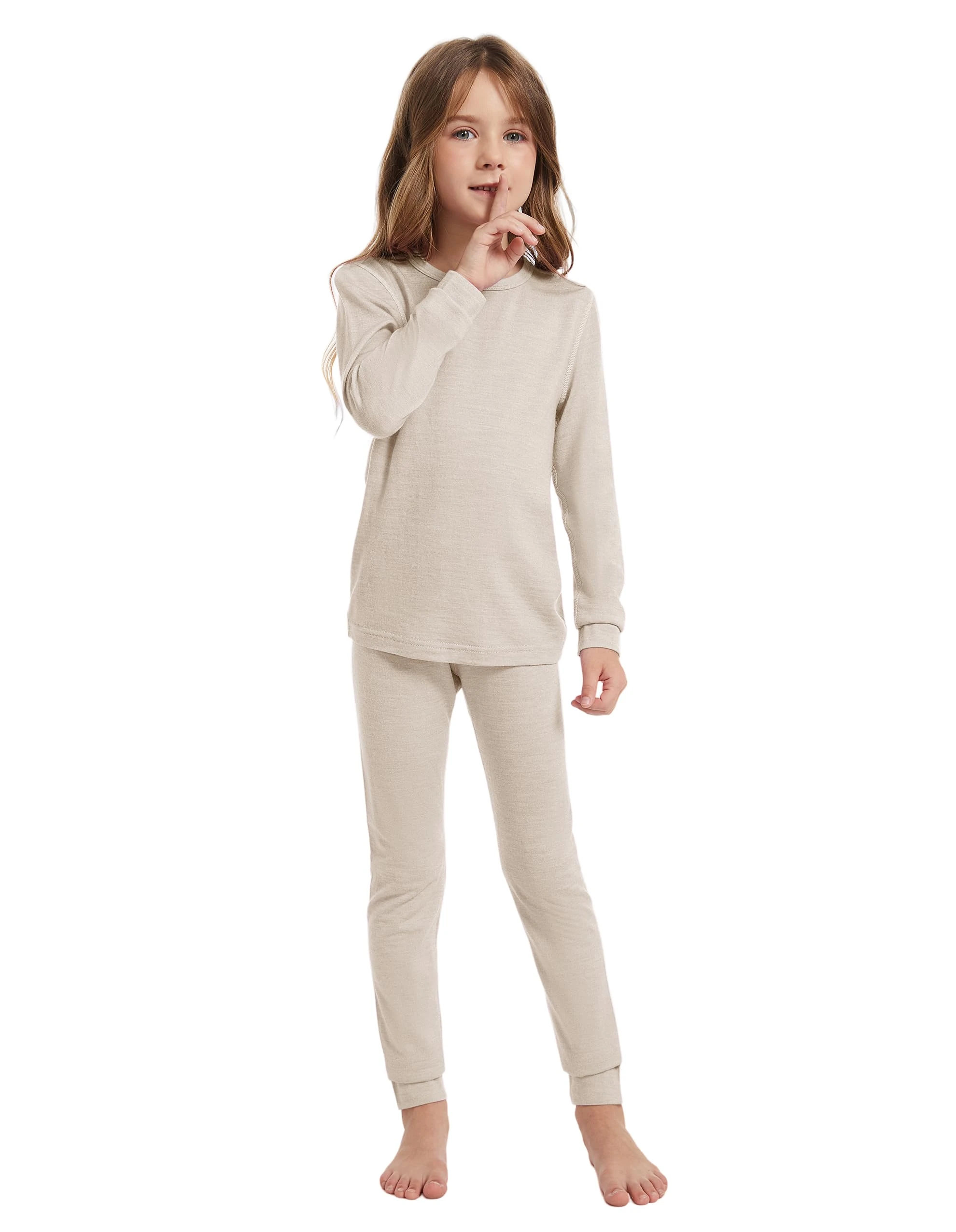 woolcano 100% Merino Wool Thermal Underwear for Kids, Thermal Sets Kids, Thermal Top Thermal Bottom for Skiing Skating Snow Sports Oatmeal 7-8