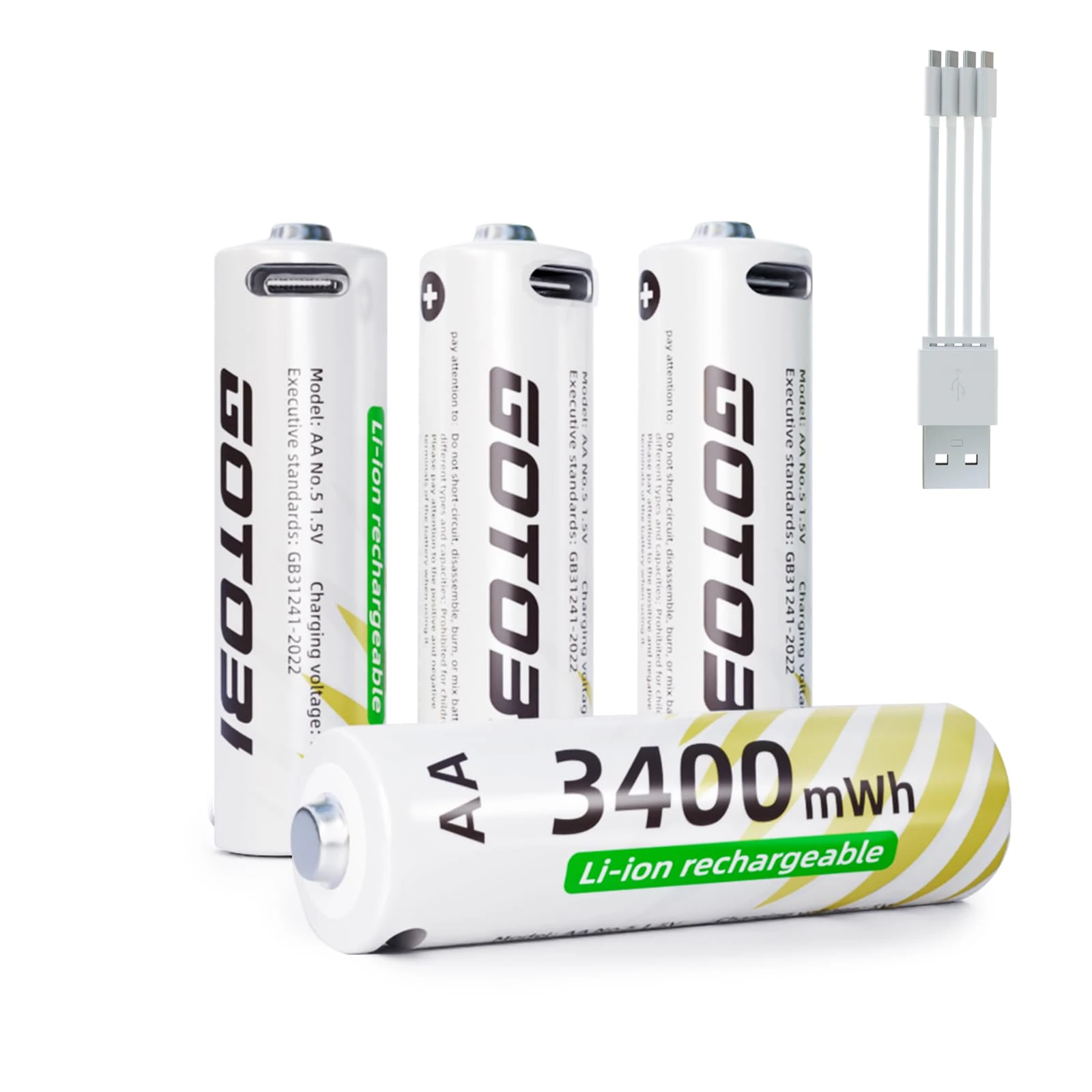 GOTOBI AA Rechargeable Lithium Batteries With 4 In 1 USB-C Charging Cable,1.5v 3400 mWh Rechargeable Lithium AA Batteries 4 Packs In One Storage GOTOBI