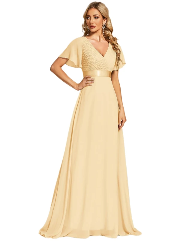 Ever-Pretty Women's Double V-Neck Short Flutter Sleeves Empire Waist Elegant Chiffon Long Evening Dresses Yellow 30UK