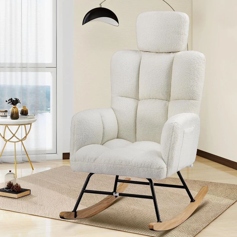 COMHOMA Rocking Chair, Teddy Nursing Chair with High Backrest, Height Adjustable Comfy Reading Armchairs for Adults for Living Room, Bedrooms, Balcony