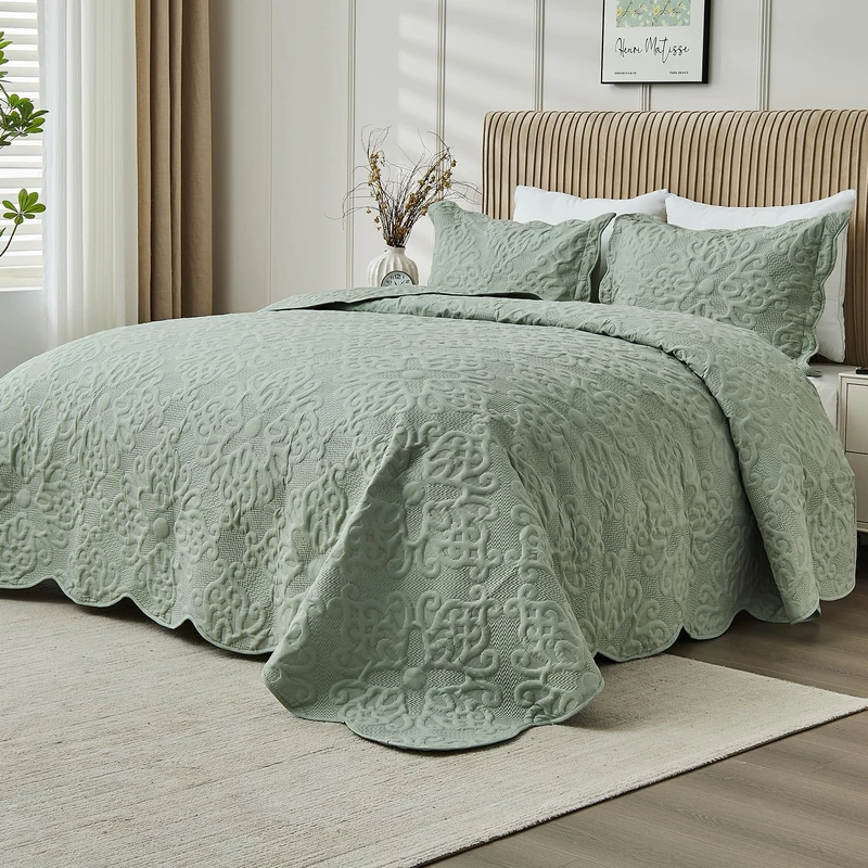 Kingnex Oversized King Bedspreads 128x120 Extra Wide Quilt for Tall Bed Lightweight 3 Piece Quilted Coverlet Pillow Shams Set Sage