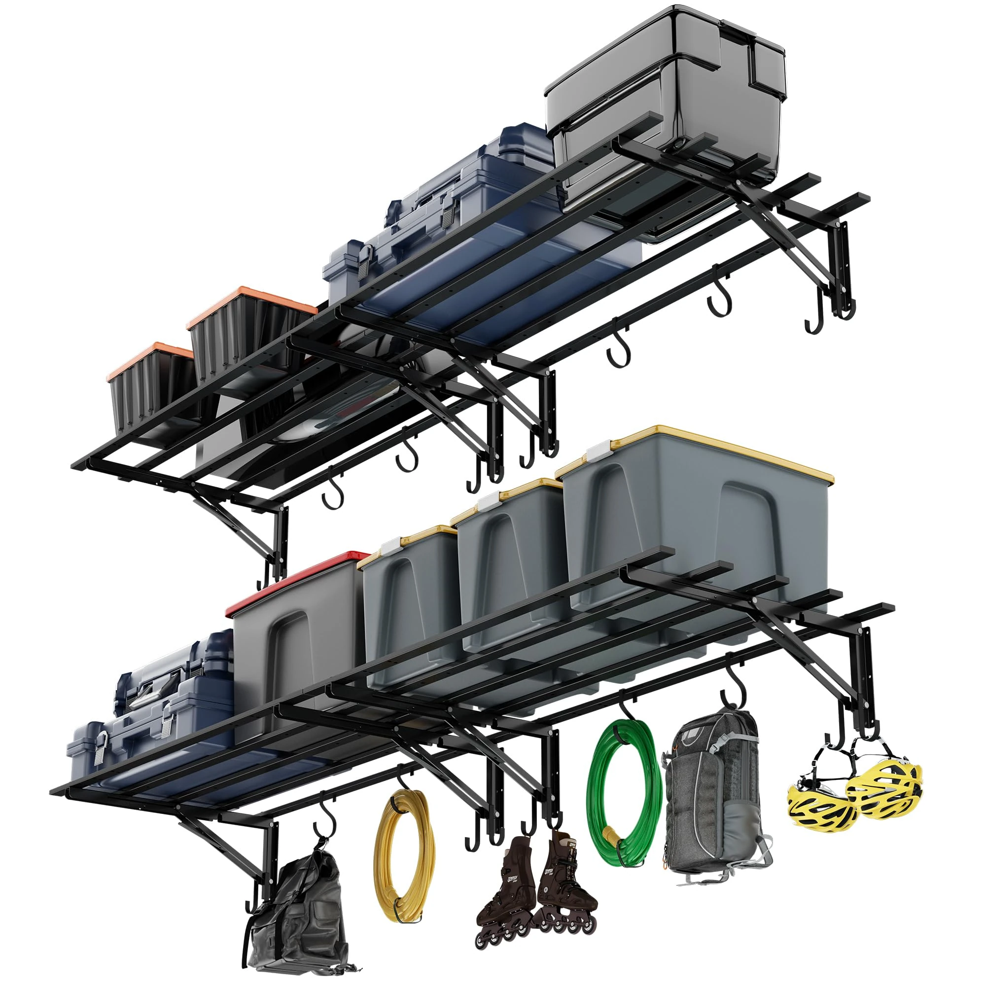 4-Pack Garage Storage System Shelves 3.21x1.64 ft - Compact Folding Wall Shelves for Garage, Sturdy Metal Wall Shelving with Hooks, Versatile Metal Hanging Shelf Design, Sleek Floating Black Shelf