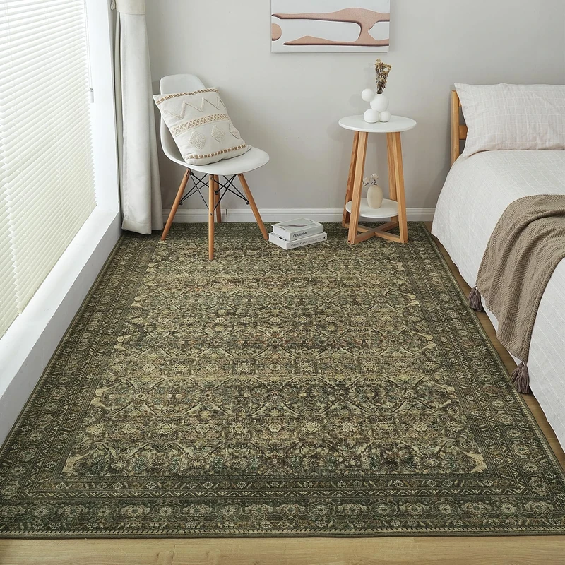 Xfrog Large Vintage Area Rug, 200x300cm Machine Washable Rug for Living Room Bedroom, Non-Shedding Print Floor Carpet Boho Floor Rugs for Bedroom Dining Room, Olive