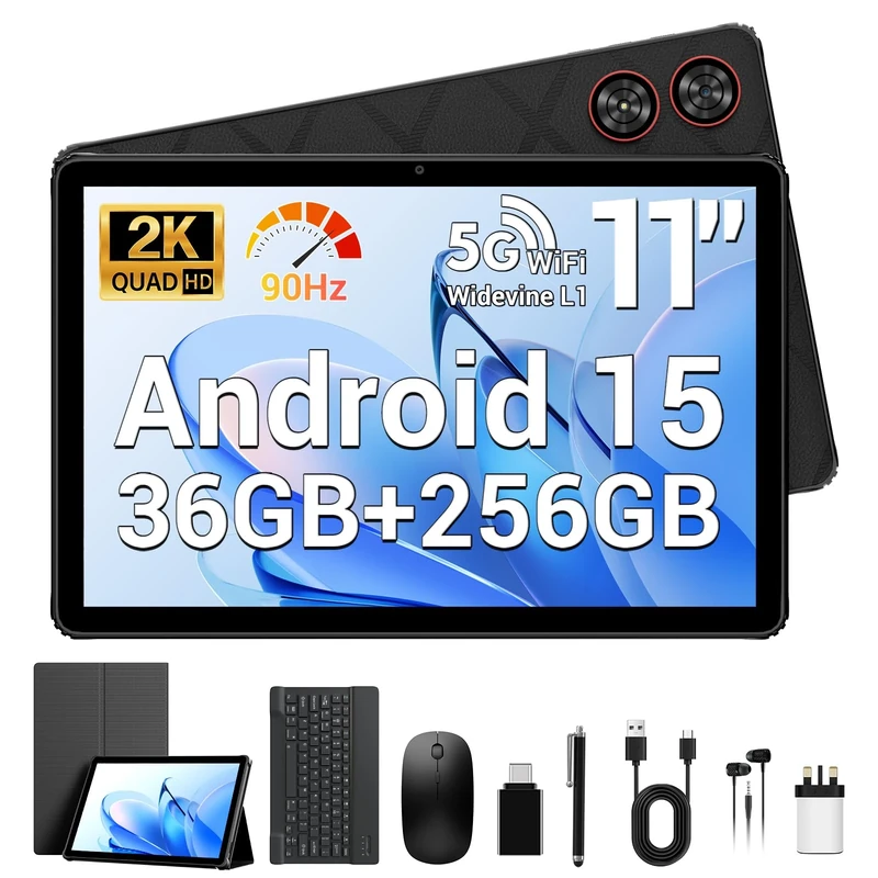 WITECOR 11 inch Aandroid 15 Tablet, 36GB RAM 256GB ROM 1TB Expand, 2K IPS Screen, Octa Core 90Hz, 5G/2.4G WiFi, Widevine L1, 13MP, GPS, 2 in 1 Tablets with Keyboard/Mouse/Earphone/Case/Pen/Earphone