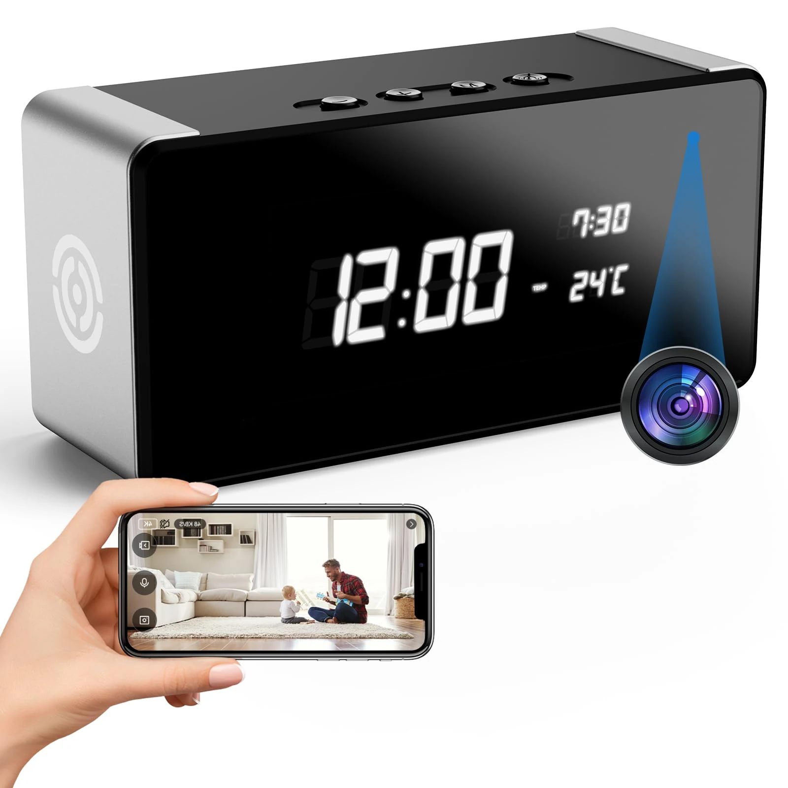 Tccbac 4k WiFi Clock Video Camera - Nanny Cam for Home Indoor Security with Night Vision, Wide-Angle Lens, and Motion Detection