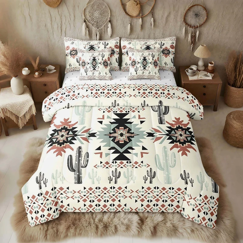 Feelyou Khaki Southwestern Aztec 7 Pieces Bedding Set Kids Geometric Vintage Comforter Set with Sheets Queen Size Rustic Western Cactus Bohemian Boho Tribal Bed in a Bag for Women Men Room Decor Soft