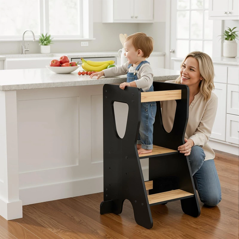 COSYLAND Toddler Standing Tower for Kitchen Counter – Stable Height Adjustable Kids Kitchen Step Stool – Sturdy Toddler Counter Helper Stool for Bathroom, Nursery (Black & Natural)
