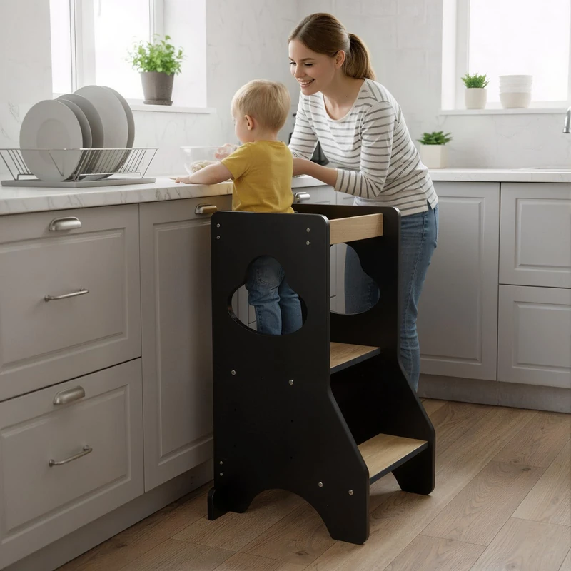 COSYLAND Toddler Standing Tower Adjustable Height – Super Stable Kitchen Step Stool Helper – Mother’s Helper Wooden Kids Learning Stool (Black & Natural)