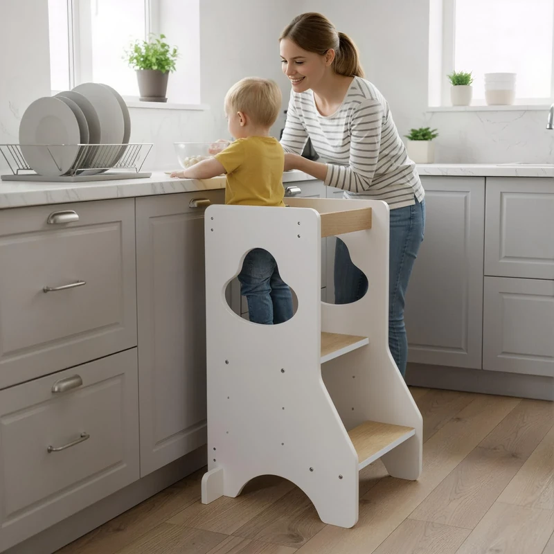 COSYLAND Kids Standing Tower – Adjustable Height Kids Kitchen Stool Helper – Super Stable Adjustable Wooden Toddler Kitchen Stool (White & Natural)