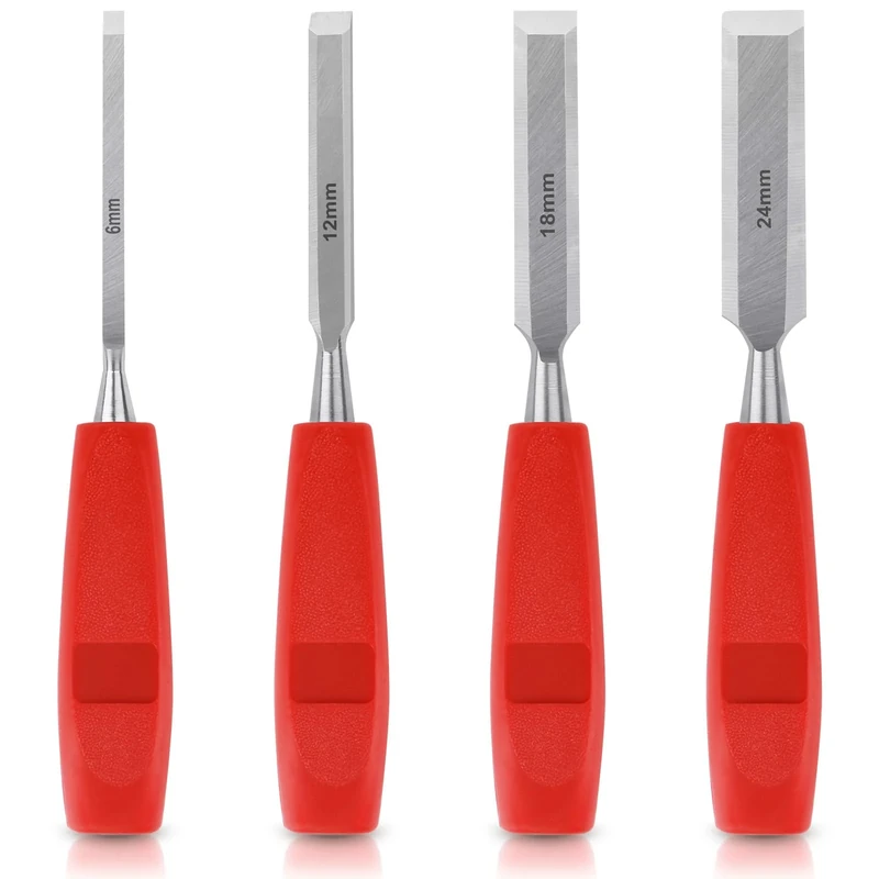 4 Pcs Chisel Set, Wood Chisel Sets for Carpenter Carving Tools with Bevel Edge, Carpenters Chizzle Set Non-Slip Handle, Hand Woodworking Tools for Carpentry Joinery Sculpting 6mm, 12mm, 18mm, 24mm