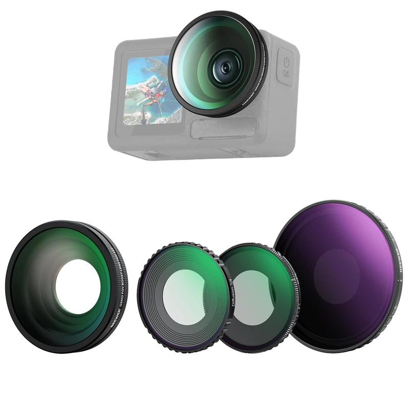 NEEWER 4 in 1 ND Filter & Lens Accessories Kit Compatible with DJI Osmo Action 5 Pro/4, Variable ND8-32 + CPL + Black Mist Diffusion 1/4 + 185° Wide Angle Lens, Screw On, HD Optical Glass, FL-53