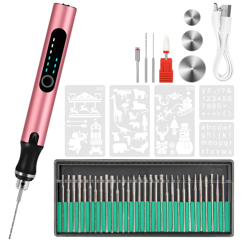 Electric Engraving Pen with 37 Bits, USB Rechargeable Cordless Engraving Machine, Portable DIY Rotary Engraver for Jewelry Wood Glass Stone Carving (Rose)