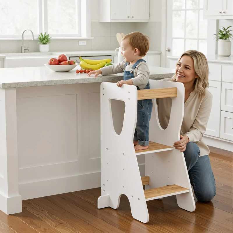 COSYLAND Kids Standing Tower Adjustable Height – Kids Kitchen Stool Helper for Learning – Free Up Parents’ Hands Toddler Standing Stool in Kitchen (White & Natural)