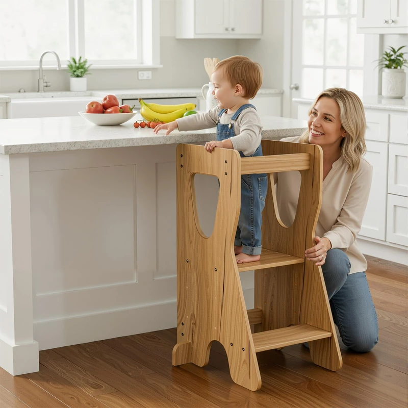 COSYLAND Kids Kitchen Step Stool Height Adjustable – Toddler Standing Tower for Kitchen Counter, Bathroom, Nursery – Parents’ Helper Toddler Stool for Learning (Natural)