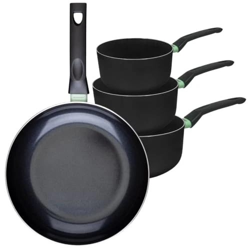 Fackelmann 9430450 Set of 1 Frying Pan 30 cm and 3 Saucepans 16, 18 and 20 cm, Ceramic Non-Stick Coating, PFAS-Free, All Hobs, Induction, Oven, Aluminium, Black, Green, 16, 18 and 20 cm