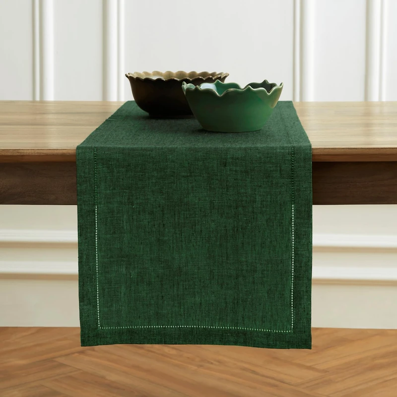 Solino Home Linen Table Runner 132 Inches Long - Milan Hemstitch 100% Pure Linen Forest Green Dining Table Runner 14 x 132 Inch for Fall, Autumn, Thanksgiving - Handcrafted and Machine Washable