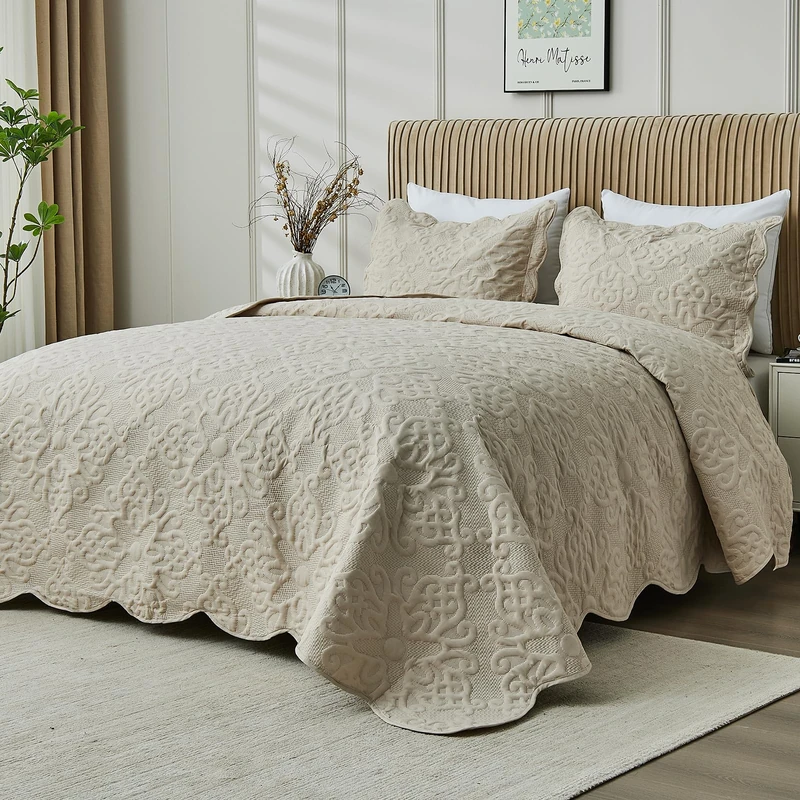 Oversized California King Bedspreads 120x120 for Extra Tall Split Cal King Bed Lightweight Quilted Coverlet Set 3 Pieces 1 Quilt 2 Pillow Shams Beige