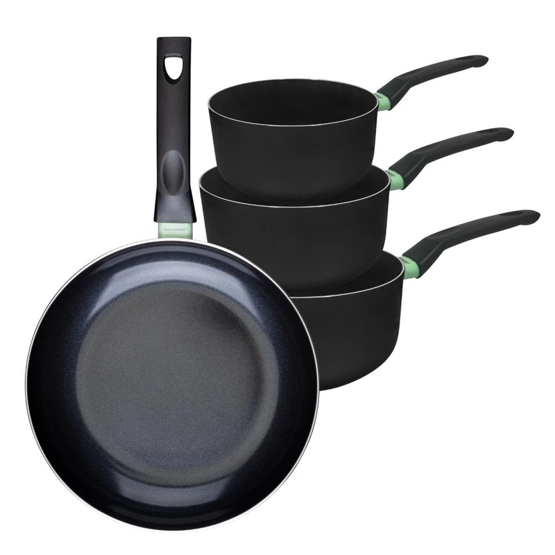 Fackelmann 9430350 Set of 1 Frying Pan 28 cm and 3 Saucepans 16, 18 and 20 cm, Ceramic Non-Stick Coating, PFAS Free, All Hobs, Induction, Oven, Aluminium, Black, Green, 16, 18 and 20 cm