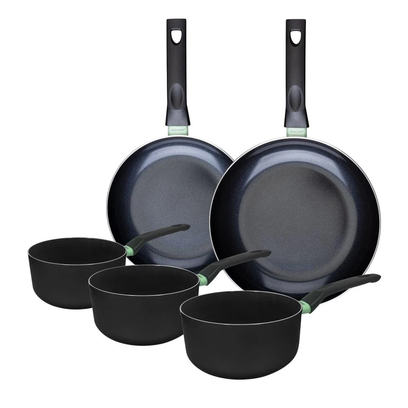Fackelmann 9430750 Set of 2 Frying Pans 24 and 28 cm and 3 Saucepans 16, 18 and 20 cm, Ceramic Non-Stick Coating, PFAS-Free, All Hobs, Induction, Oven, Aluminium, Black, Green, 16, 18 and 20 cm