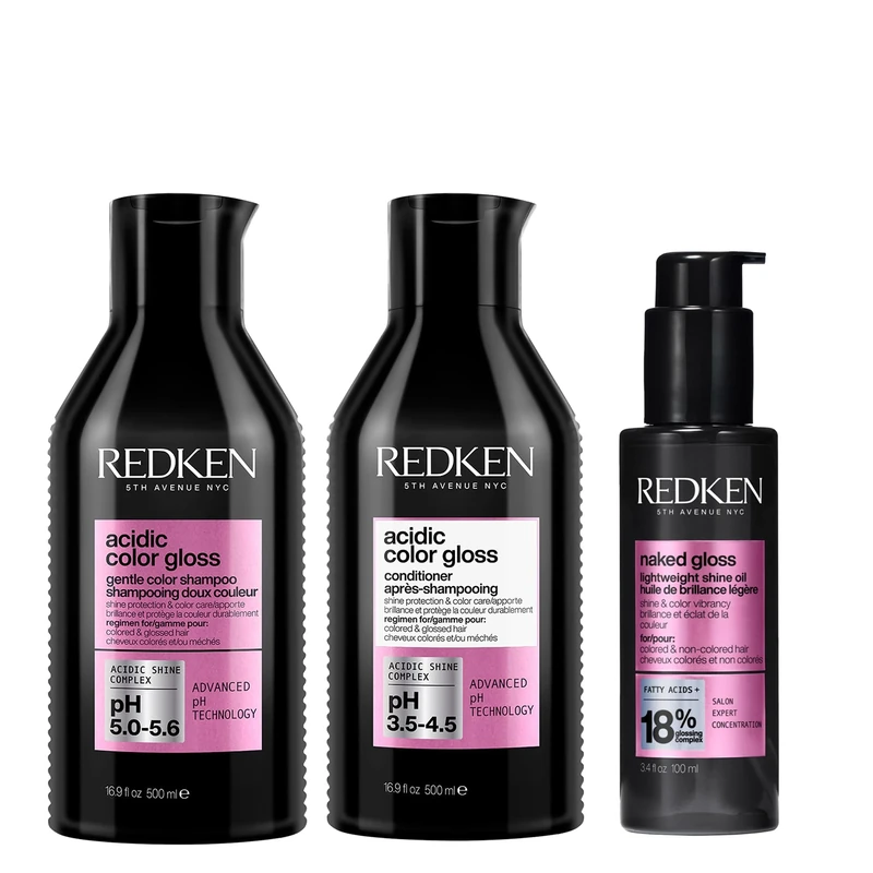 Redken Acidic Color Gloss Shampoo 300ml, Conditioner 300ml and Naked Gloss Hair Oil 100ml Bundle, For Glass-Like Shine and Colour Protection