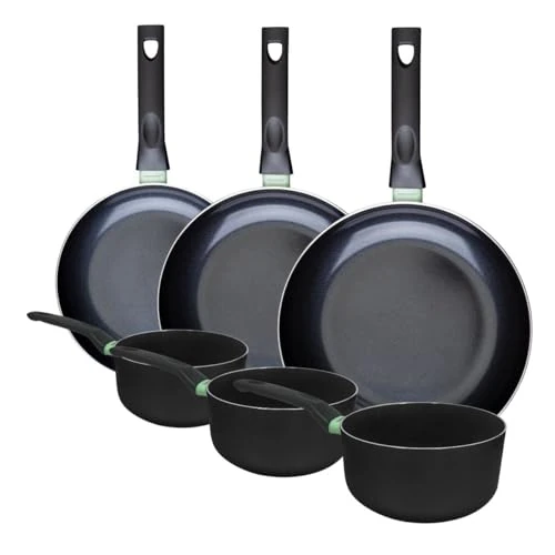 Fackelmann 9431050 Set of 3 Frying Pans 20, 24 and 28 cm and 3 Saucepans 16 18 and 20 cm Non-Stick Ceramic Coating PFAS Free All Heat Sources Induction Oven Aluminium Black Green 16, 18 and 20 cm