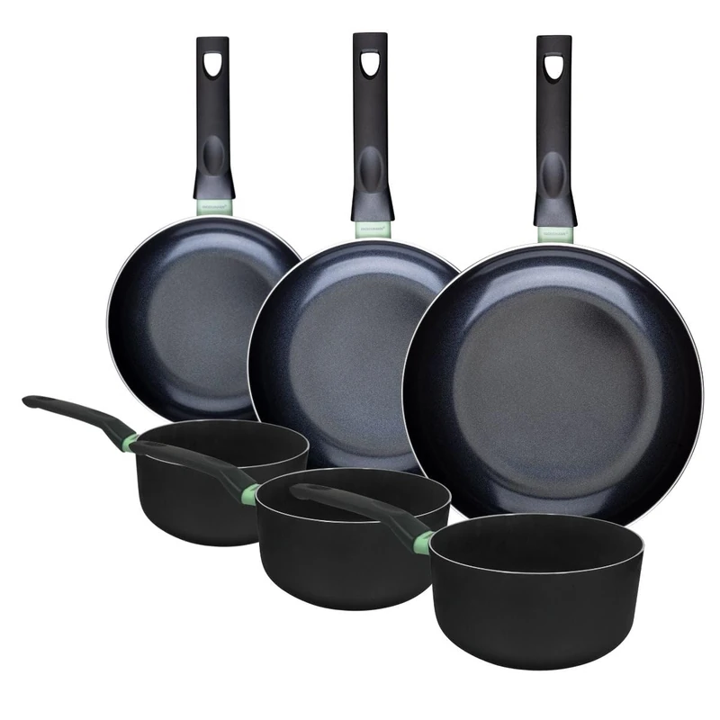 Fackelmann 9430950 Set of 3 Frying Pans 20, 24 and 28 cm and 3 Saucepans 16 18 and 20 cm Non-Stick Ceramic Coating PFAS Free All Heat Sources Induction Oven Aluminium Black Green 16, 18 and 20 cm