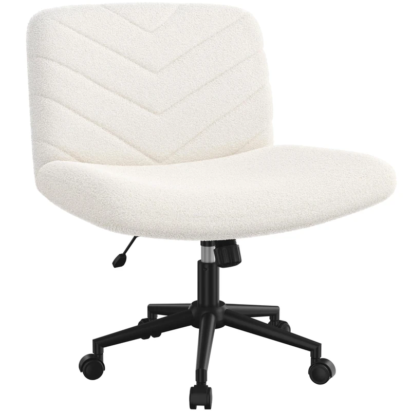 Yaheetech Wide Seat Cross Legged Office Chair, Adjustable Armless Office Chairs with Wheels, Vanity Chair Criss Cross Chair Swivel Computer Chairs, Ivory