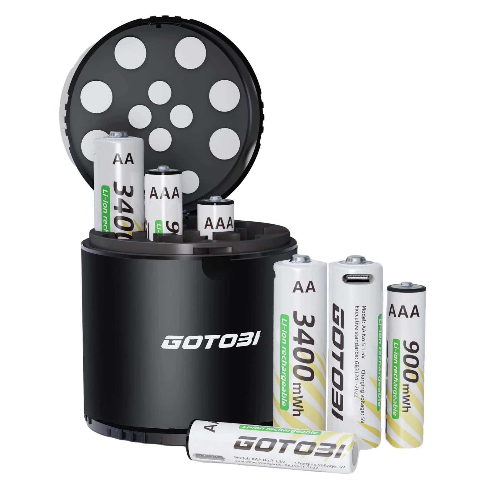 GOTOBI Rechargeable Batteries with Charger, 8 PCS 3400 mWh USB-C Rechargeable AA Batteries,4 PCS 900 mWh 1.5V Constant Output AAA Lithium Batteries with Fast Charging Case