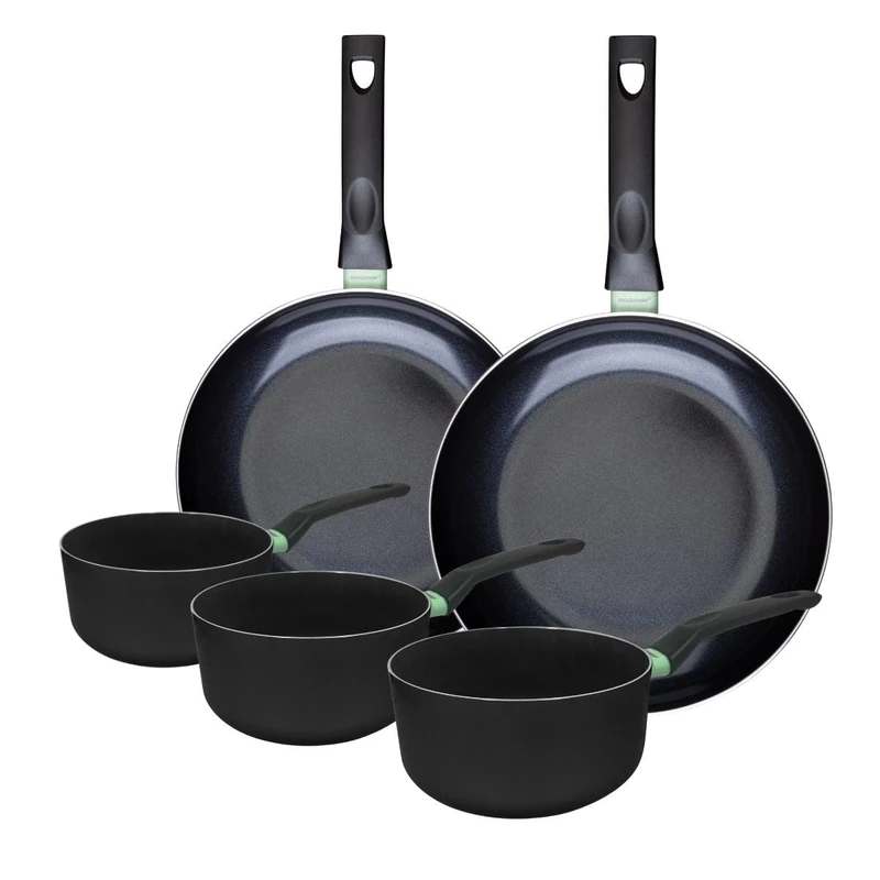 Fackelmann 9430850 Set of 2 Frying Pans 28 and 30 cm and 3 Saucepans 16, 18 and 20 cm, Ceramic Non-Stick Coating, PFAS-Free, All Hobs, Induction, Oven, Aluminium, Black, Green, 16, 18 and 20 cm