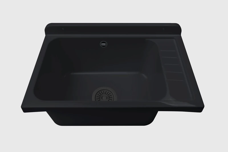 Negrari 2051FNAM Wall-Mounted Sink in Black Polypropylene with Metal Pin, Weather Resistant, Supplied with Fixing Kit and Drain Kit, for Outdoor 58 x 38 x 21 cm