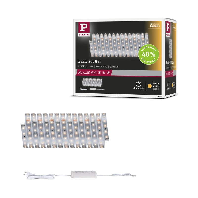 Paulmann 71230 MaxLED 500 LED Strip Warm White Basic Set 5m 17W 550lm/m 64 LEDs/m 2700K 30VA