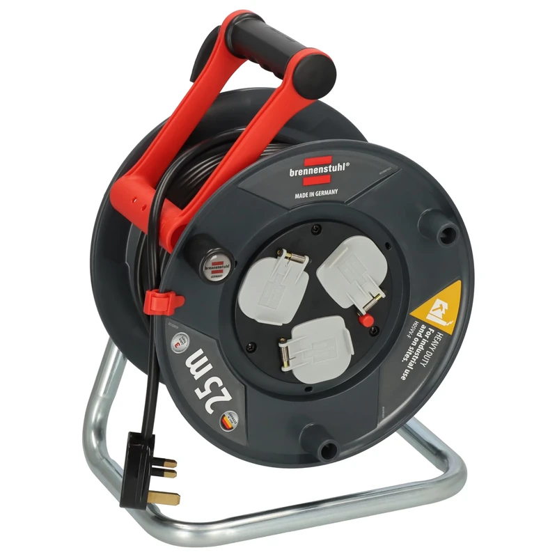 Brennenstuhl Garant Cable Reel 25m (Made in Germany, Extension Lead with 3 sockets and Thermal Cut-Out Protection, Ergonomic Handle)
