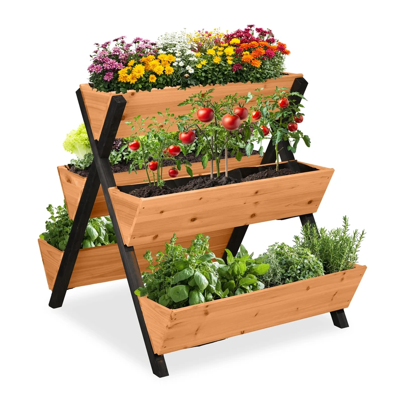 Relaxdays Raised Bed, 5 Planters, Wood, HWD: 82x75x90 cm, Vertical Flowerbed with 5 Boxes, Garden & Patio, Orange/Black