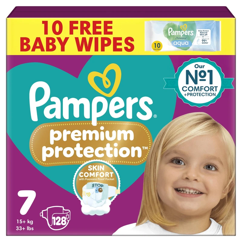 Pampers Premium Protection Size 7, 128 Baby Nappies, 15kg+, Monthly Pack + Pampers Harmonie Aqua Baby Wipes 1 pack of 10 Wipes