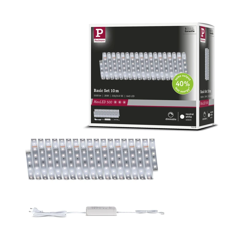 Paulmann 71235 MaxLED 500 LED Strip Neutral White Basic Set 10m 28W 550lm/m 64 LEDs/m 4000K 40VA