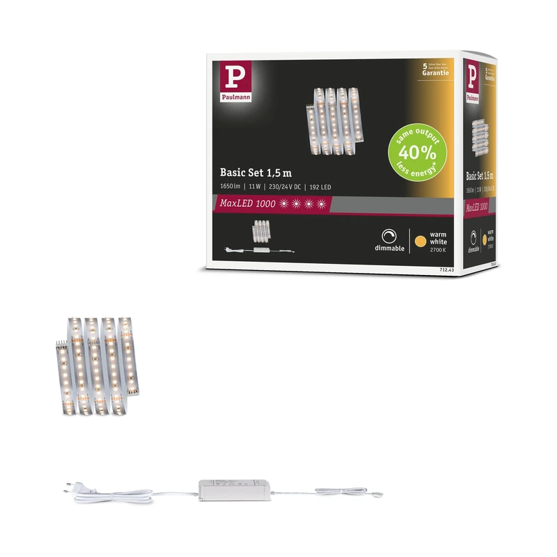 Paulmann 71243 MaxLED 1000 LED Strip Warm White Basic Set 1,5m 11W 1100lm/m 128 LEDs/m 2700K 30VA