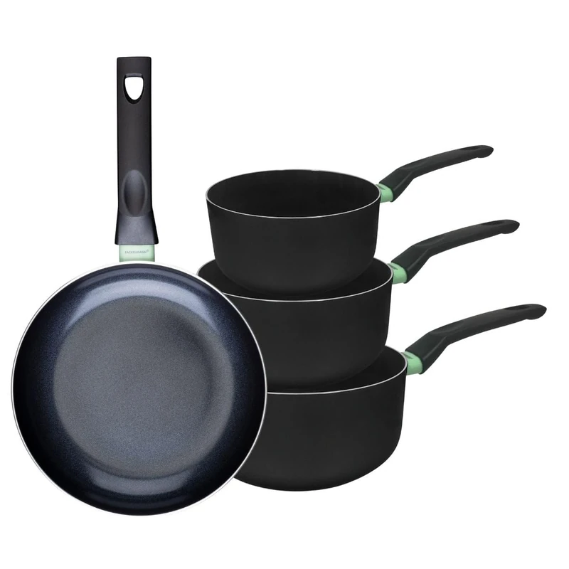 Fackelmann 9430250 Set of 1 Frying Pan 24 cm and 3 Saucepans 16, 18 and 20 cm, Ceramic Non-Stick Coating, PFAS Free, All Hobs, Induction, Oven, Aluminium, Black, Green, 16, 18 and 20 cm