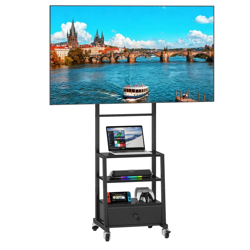 OYRREU Rolling TV Stand on Wheels with Mount and Storage Fabric Drawer for 32-55 Inches TV, Adjustable Height TV Stand for Livingroom, Bedroom, Office, Black