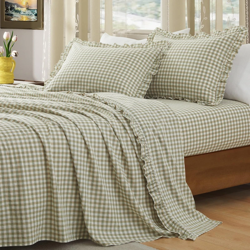 KKJIAF 4 Pieces Ruffle Gingham Sheets Set Queen Size, Sage Green Plaid